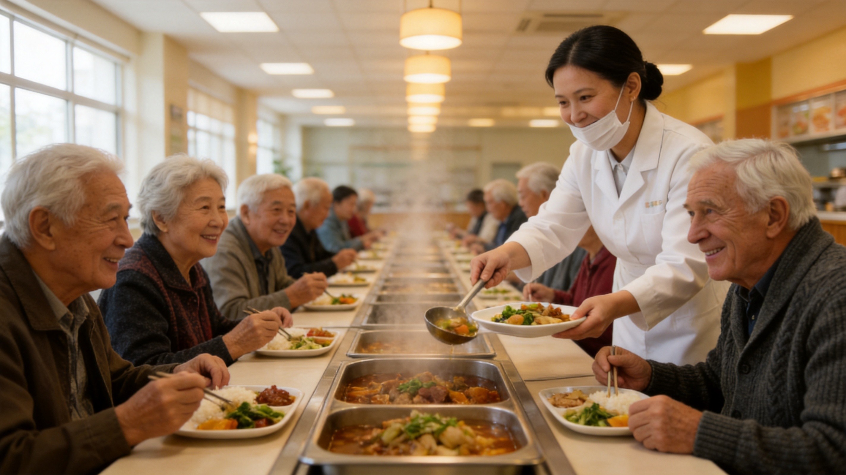 明亮温馨的社区长者食堂内，老人们围坐用餐，工作人员热情打餐