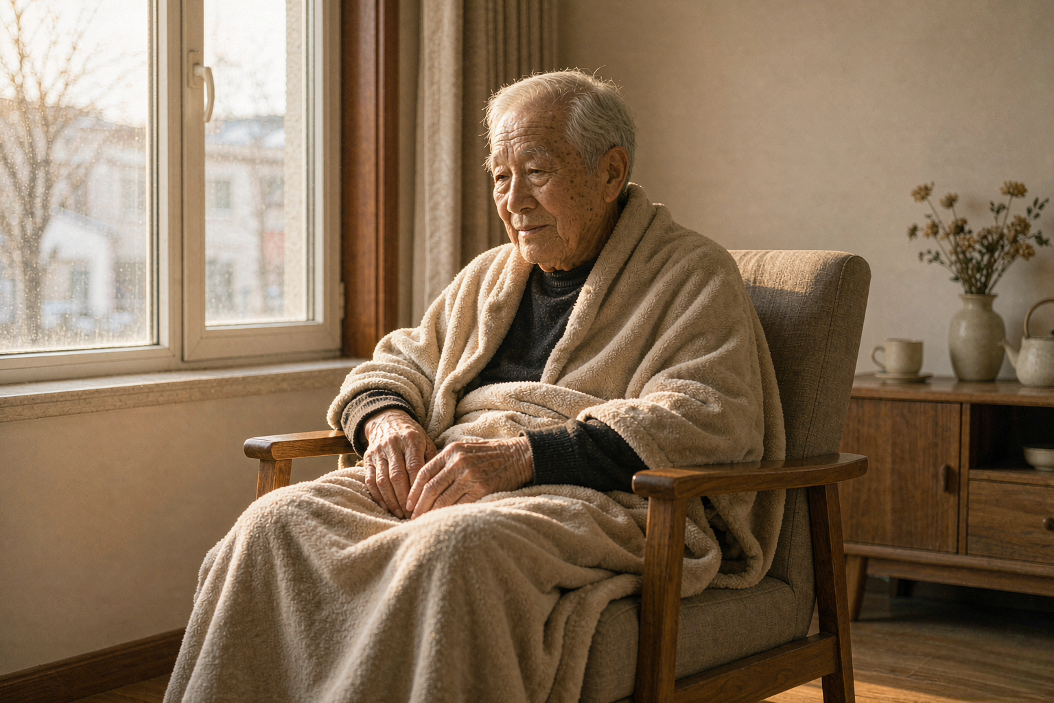 冬天老人在家中休息，盖着毯子坐在窗边温暖的沙发上