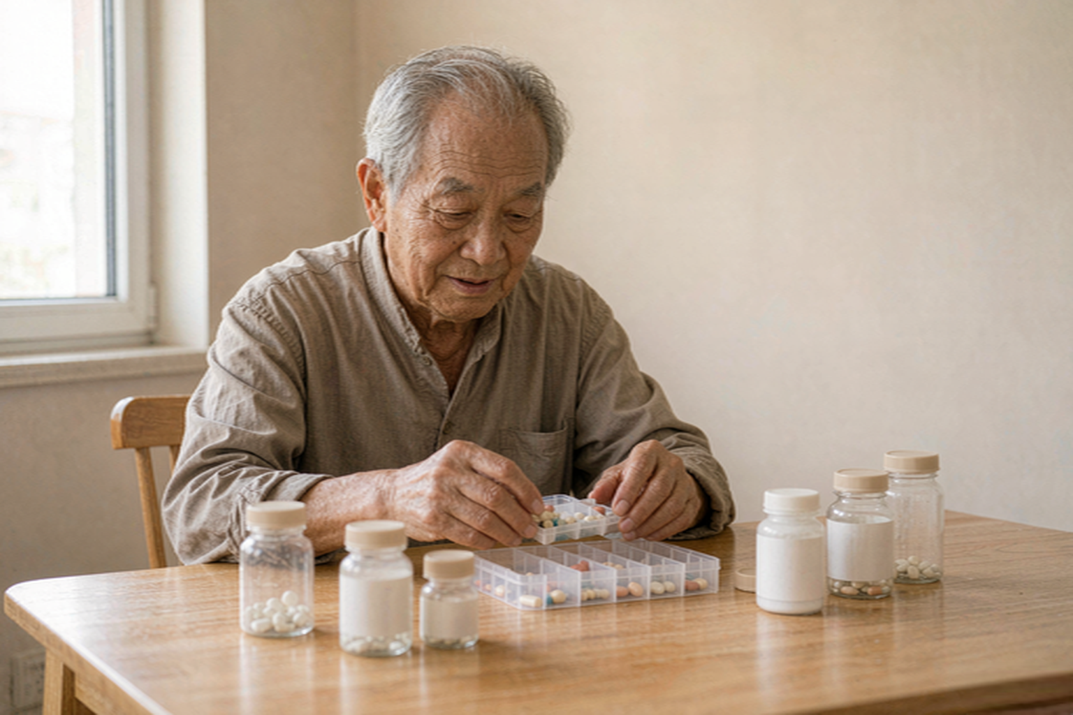 老人在家中桌前查看药盒，桌面整洁明亮