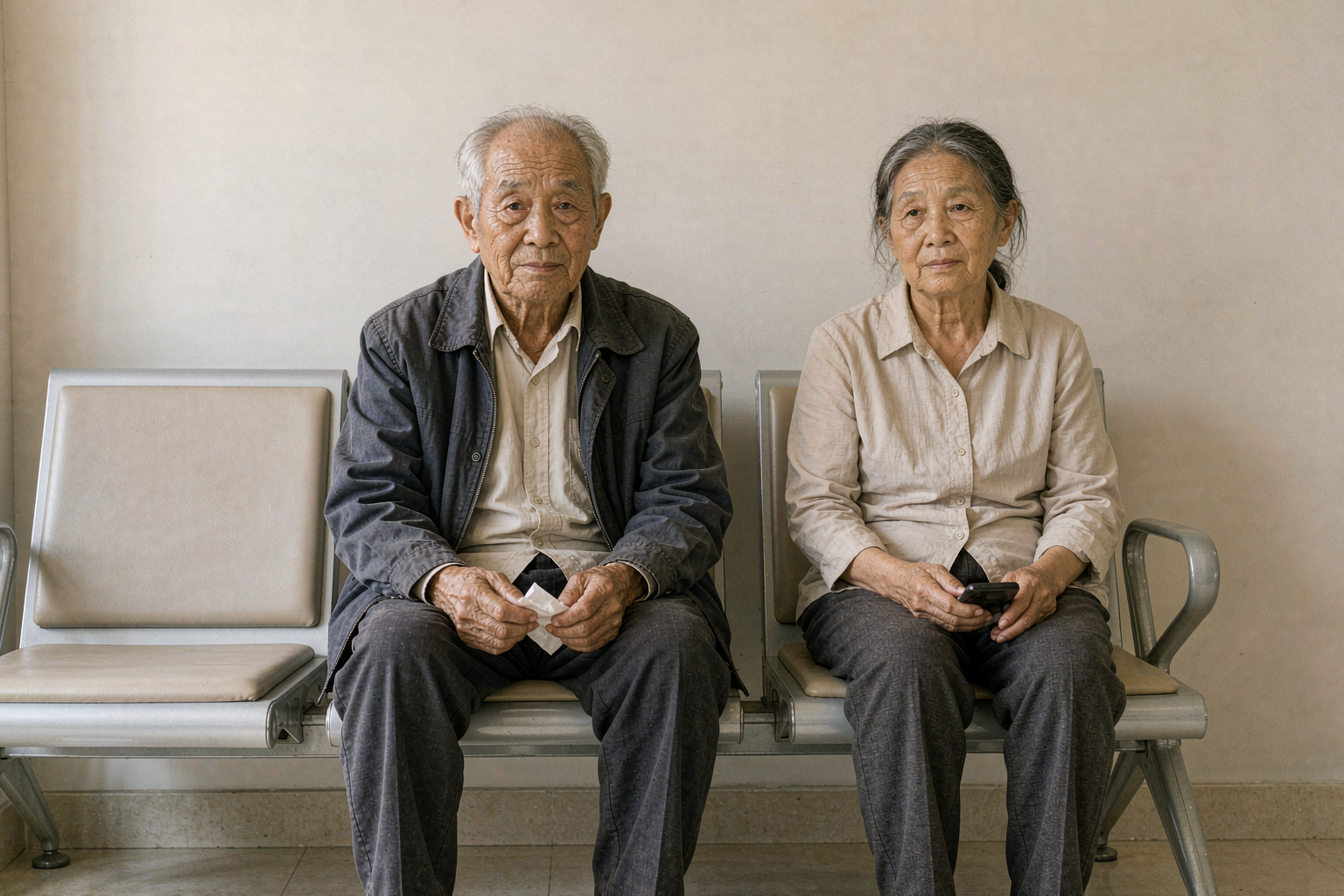 家属陪伴老人坐在医院候诊区等候就诊